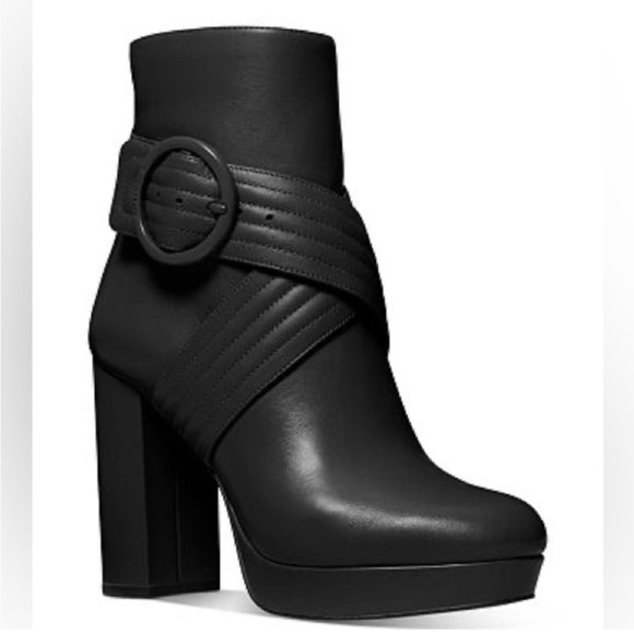 MICHAEL KORS REMI PLATFORM BLACK LEATHER BOOTIES SZ: 8 - Picture 2 of 4